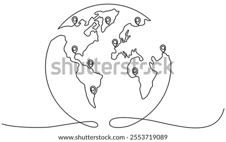 Earth globe with location markers continuous line drawing. Pointer symbols on world map. Journey and travel concept. Vector illustration isolated on white.