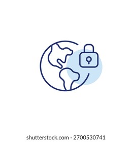 Earth globe and lock. Environment care and global cybersecurity. Pixel perfect, editable stroke vector icon