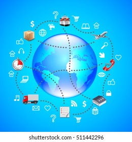 Earth globe and logistics icons around it on blue mixed media background vector
