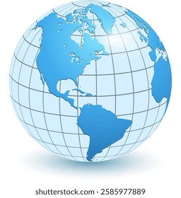 Earth globe logo, blue planet earth icon with meridians and parallels, 3D vector international business symbol design.