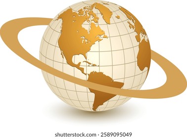 Earth globe logo, gold planet and dynamic orbit around, 3D vector international business brand design.