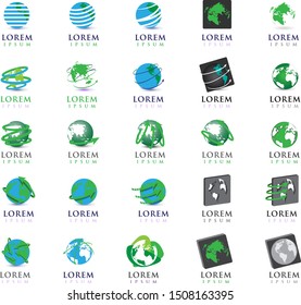 Earth Globe Logo Set - Isolated On White - Vector. Abstract Globe Vector For Web Icon, Map, Tech Logo And Element Design. Blue 3D Icons For Earth, Global, Sphere, Travel Agency, Planet And World Logo