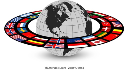 Earth globe logo, silver planet and dynamic orbit with national flags around, 3D vector international business brand design.