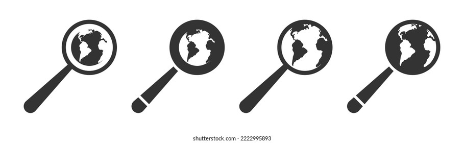 Earth globe and magnifying glass icon. Flat vector illustration.