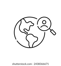 Earth globe, magnifying glass and user icon, exploration of user-related data on global scale. Pixel perfect icon