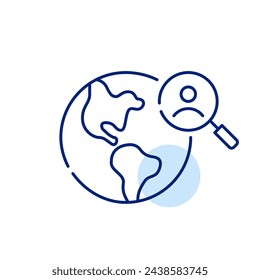 Earth globe, magnifying glass and user icon, exploration of user-related data on global scale. Pixel perfect vector