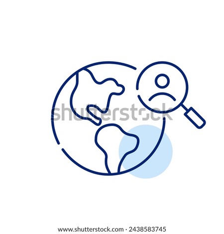 Earth globe, magnifying glass and user icon, exploration of user-related data on global scale. Pixel perfect vector