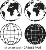 Earth globe map and geographic grid coordinate system vector icon set.