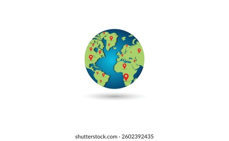 earth globe and map pins icon.delivery tracking, pin location point marker of shipment map. World traveling or GPS navigation concept.