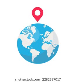 Planeta terrestre con puntero de alfiler de mapa de marcas. Navegación, ubicación, negocios, concepto de viajes. Ilustración vectorial aislada en fondo blanco. Para web, app, banner, afiche, infografías, presentación, etc. 