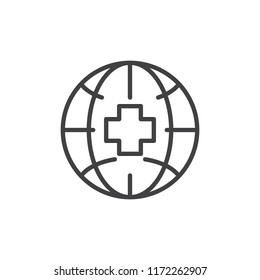 Earth Globe With Medical Cross Outline Icon. Linear Style Sign For Mobile Concept And Web Design. World Health Day Simple Line Vector Icon. Symbol, Logo Illustration. Pixel Perfect Vector Graphics