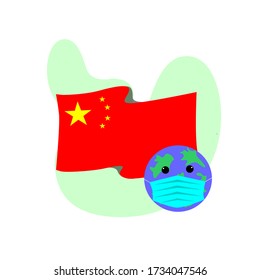 Earth Globe in a medical mask. The concept of the global corona virus epidemic 2019 and 2020. The Chinese flag.