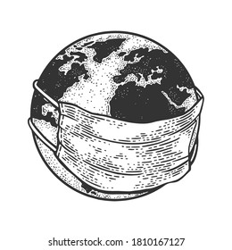 Earth globe in medical protective mask sketch engraving vector illustration. T-shirt apparel print design. Scratch board imitation. Black and white hand drawn image.