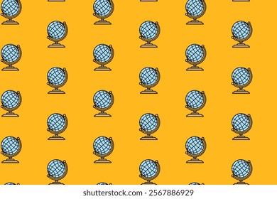 earth globe model colorful doodle seamless pattern on yellow background. retro geographical globe background. globe illustration pattern wallpaper. pattern background with globe ball for geography