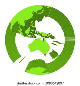 Earth globe model with green extruded lands. Focused on Australia. 3D vector illustration.