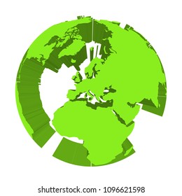 Earth globe model with green extruded lands. Focused on Europe. 3D vector illustration.