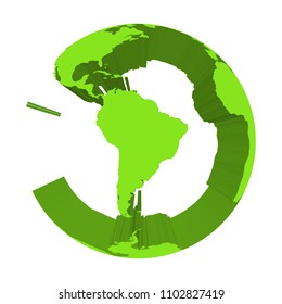 Earth globe model with green extruded lands. Focused on South America. 3D vector illustration.