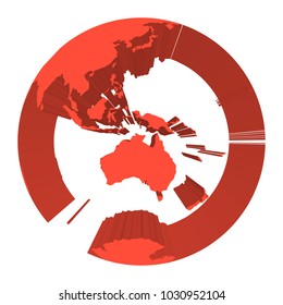 Earth globe model with red extruded lands. Focused on Australia. 3D vector illustration.