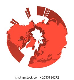 Earth globe model with red extruded lands. Focused on Arctica and North Pole. 3D vector illustration.