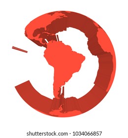 Earth globe model with red extruded lands. Focused on South America. 3D vector illustration.