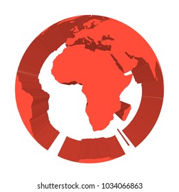 Earth globe model with red extruded lands. Focused on Africa. 3D vector illustration.