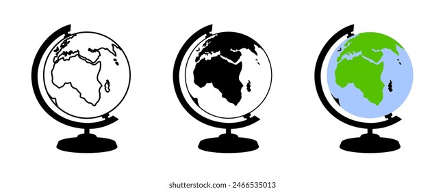 Ilustración vectorial del modelo del globo terráqueo. Conjunto de iconos de planeta. Mapa global de suministros escolares para el símbolo aislado monocromo del aula. Icono de globo.