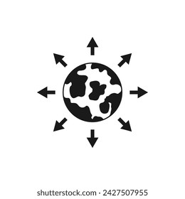 Earth globe with multi-directional arrow icon flat style isolated on white background. Vector illustration