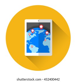 Earth Globe Navigation Tablet Computer Icon Flat Vector Illustration