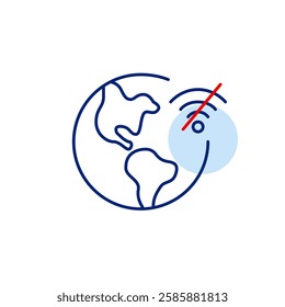 Earth globe and no wi-fi symbol. Going offline, communication broken, internet outage. Pixel perfect, editable stroke vector icon