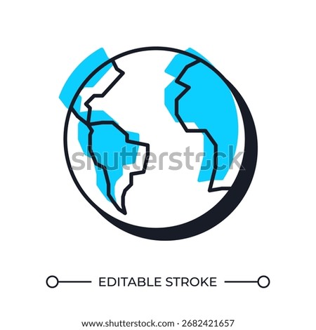 Earth globe offset shadow line icon. World geography sphere map model. Planet view from space. Science. Bold outline symbol with solid blue fill. Modern flat illustration. Editable stroke