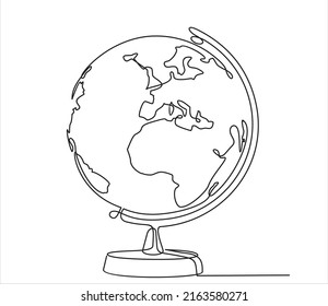 Earth globe on desk. Continuous one line drawing minimalist vector illustration design on white background. Isolated simple line modern graphic style. 