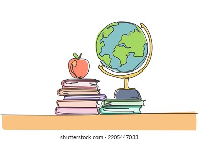 Earth globe on desk. Continuous one line drawing of books minimalist vector illustration design on white background. Isolated simple line modern graphic style. Hand drawn graphic concept for education