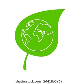 Earth globe on green plant leaf. Ecology logo design. Environment symbol