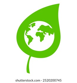 Earth globe on green plant leaf. Ecology logo design. Environment symbol