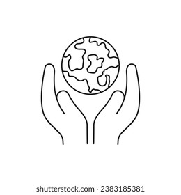 Earth globe on hand icon line style isolated on white background. Vector illustration