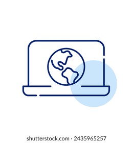 Earth globe on laptop screen. Digital interface for users to explore and access information in global web. Vector icon