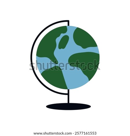 Earth globe on stand. World, planet sphere, round school globus for geography education, study. Abstract map ball with continents and oceans. Flat vector illustration isolated on white background