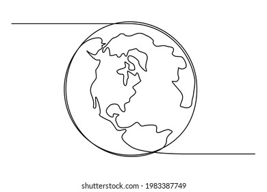 Earth globe in one continuous line drawing. Vector Round World map in simple doodle style. Infographic geography isolated on white background. Editable stroke