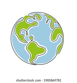 Planeta terrestre en un plano de línea continua. Mapa del mundo redondeado en un simple estilo de doodle. Presentación geográfica de territorio infográfico aislado en fondo blanco. Icono editable.Ilustración del vector de color