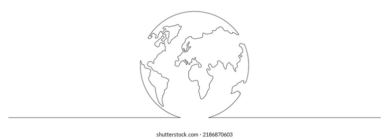 Earth Globe One Line Art. Continuous World Map Doodle Line Drawing. Earth Map Hand Drawn Symbol. Vector Illustration Isolated On White Background.