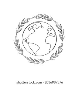  Earth globe one line drawing of world map vector illustration minimalist design of minimalism isolated on white background. Save the planet. Eco
