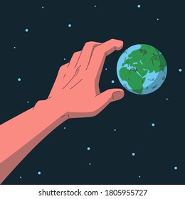 El mundo de la Tierra en el espacio ultraterrestre y su alcance a mano. Ilustración conceptual vectorial del planeta Tierra en el fondo del espacio oscuro y mano humana tratando de llegar a él