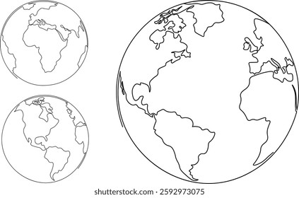 Earth globe outline vector illustration set