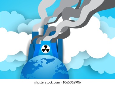Earth Globe Over Nuclear Energy Plant Or Factory With Smoking Tow And Pipe Background