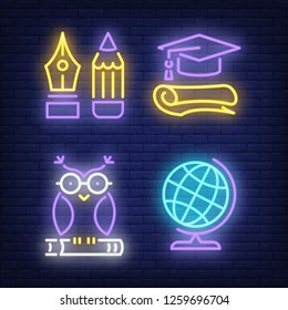 Earth globe, owl, graduation cap and pencil neon signs set. Education and knowledge design elements. Night bright neon sign, colorful billboard, light banner. Vector illustration in neon style.