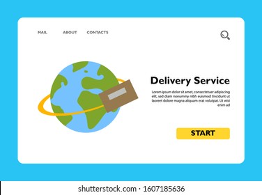 Earth globe and parcel flying around it. World, mail, shipping. Delivery service concept. Can be used for topics like transport, delivery, postal service, business.