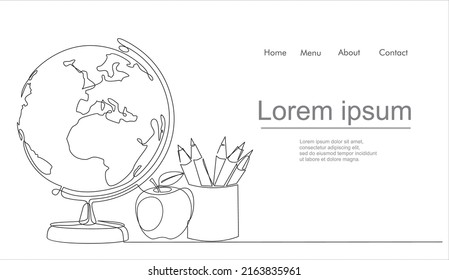 Earth globe, pencils and apple on desk. Continuous one line drawing. Illustration with quote template. One line vector illustration. Order a banner for one line drawing.  