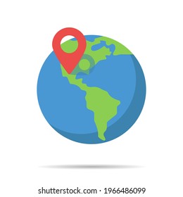 Earth globe with pin location in flat style. Search icon. World map icon. Navigation, marker, pointer symbol design. Vector illustration.