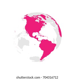 Earth globe with pink world map. Focused on Americas. Flat vector illustration.