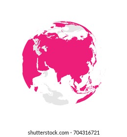 Earth globe with pink world map. Focused on Asia. Flat vector illustration.